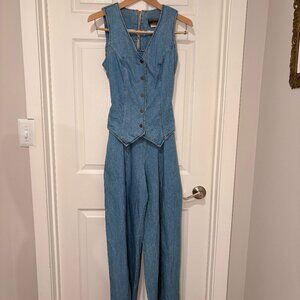 Y2K Vintage Blue Jean Vest Wide Leg Jumpsuit, Sz XS